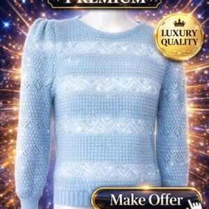 Vtg 80's Light Blue Pointelle Knit Sweater Pearl Embellished Puff Sleeves W Med